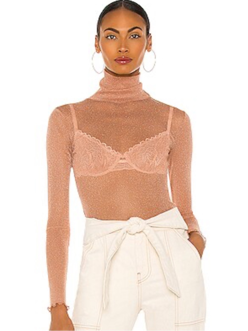 Jonathan Simkhai Metallic Sheer Turtleneck in Peach